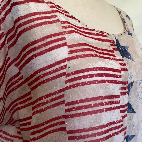 SUE WHO? Americana Womens Top Sz L Festival Stars Stripes Rhinestone Patchwork - Picture 4 of 13